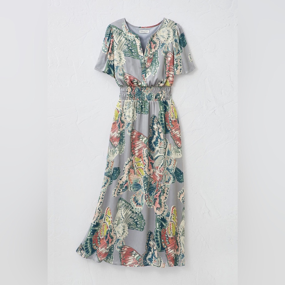 Majestic Monarch Novelty Print V-Neck Smocked Waist Maxi Dress Size Large